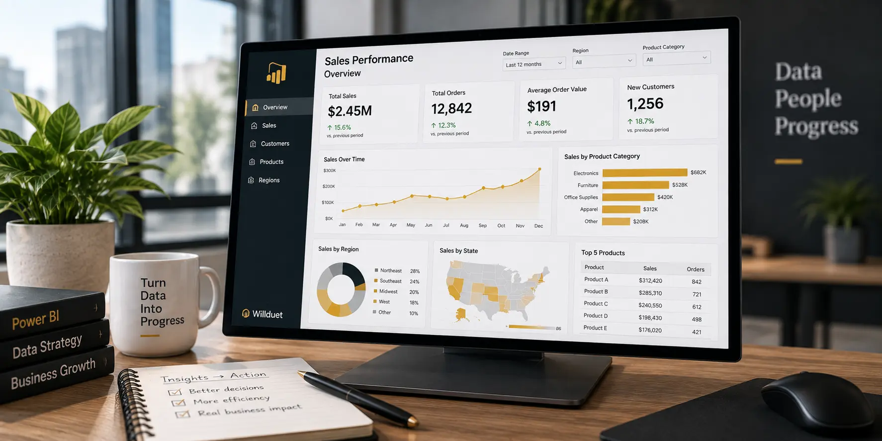 Dashboard de Power BI con análisis de ventas y KPIs de negocio