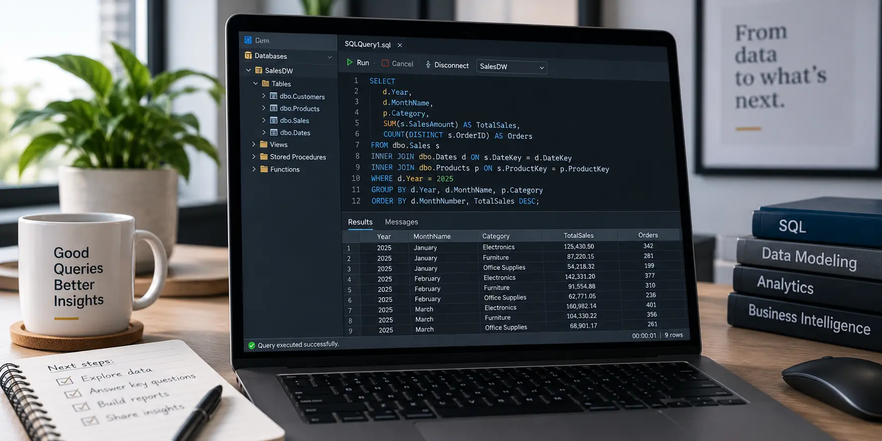 Consulta SQL y resultados de base de datos para análisis de datos