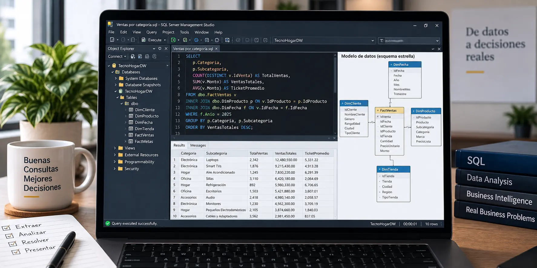 Proyecto práctico de SQL con resultados de consultas y modelo de datos en esquema estrella
