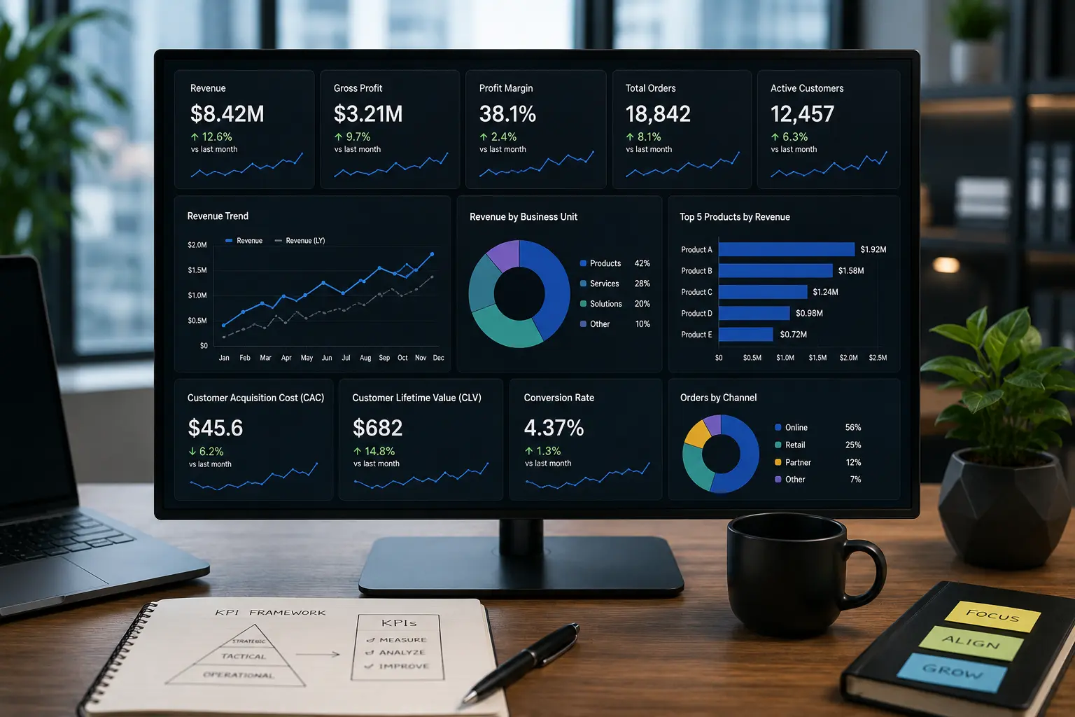 KPI dashboard design for business performance reporting and Power BI metrics
