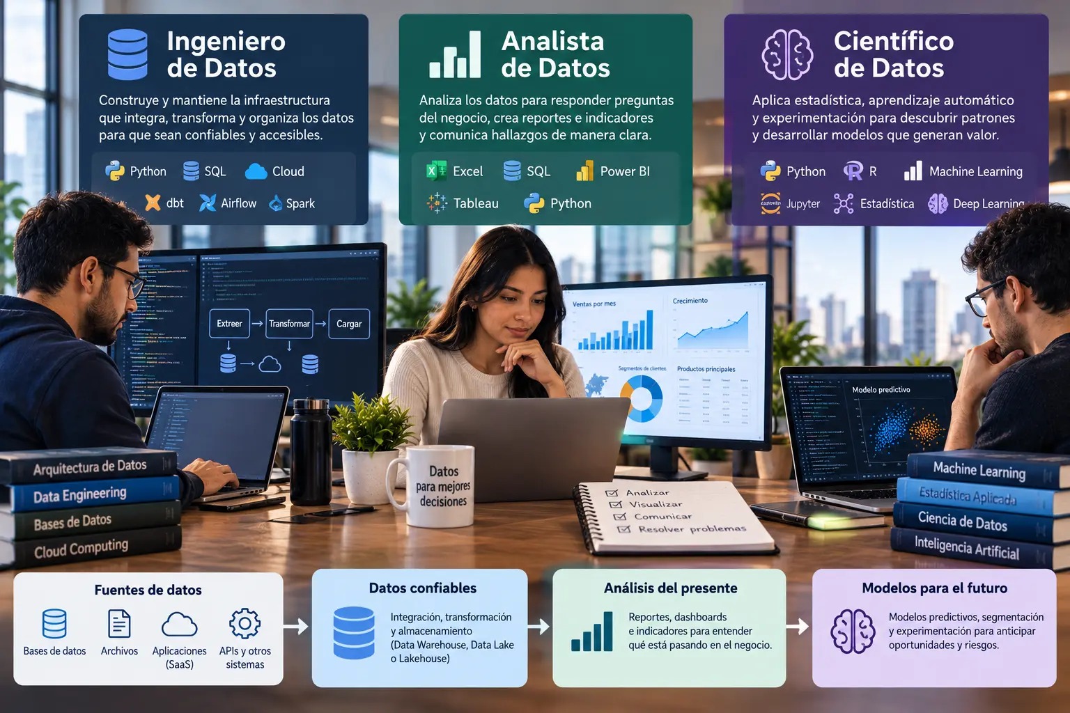 Comparación visual del trabajo de un analista, un ingeniero y un científico de datos