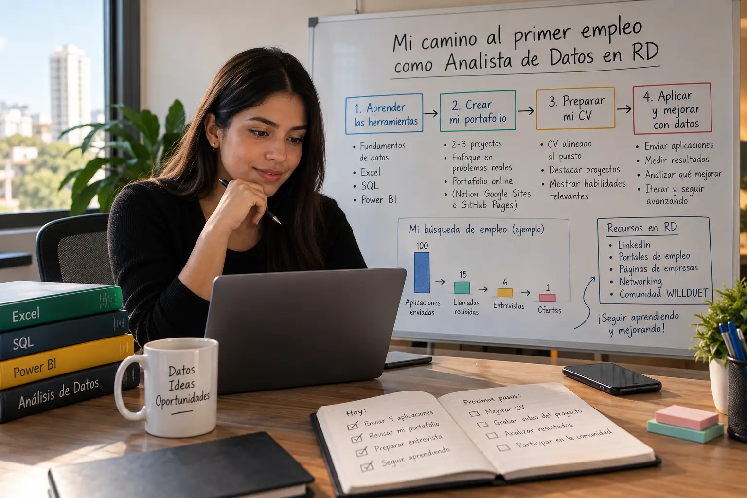 Profesional preparando su portafolio y estrategia para conseguir empleo como analista de datos